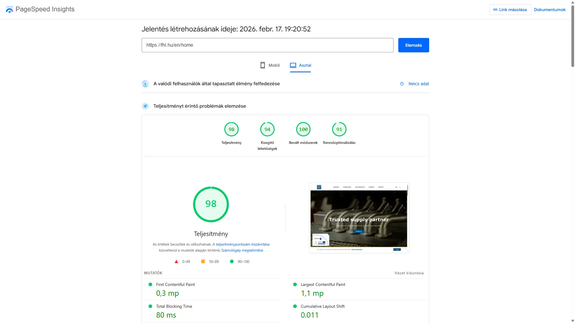 FHL PageSpeed eredmény