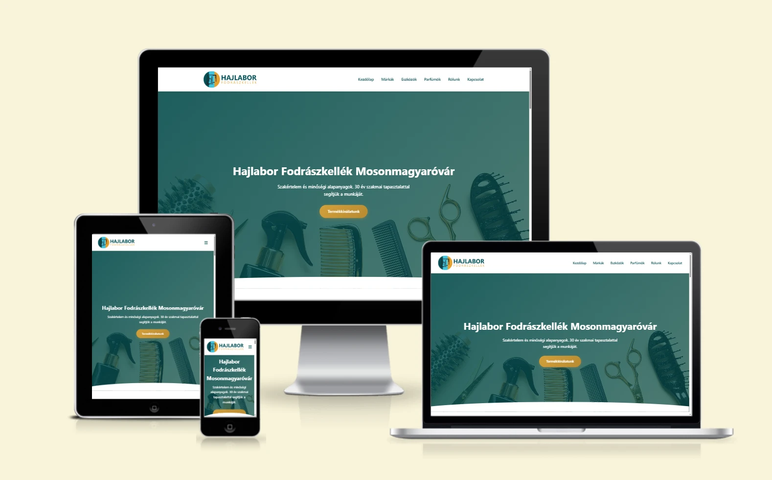 Hajlabor Fodrászkellék weboldal reszponzív mockup